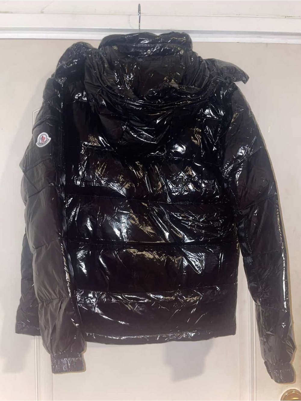 Moncler Black High-Shine Quilted Puffer Jacket with Hood open to offers